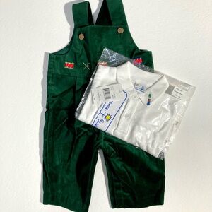 Florence Eiseman Green Velvet Overalls with White Shirt Set